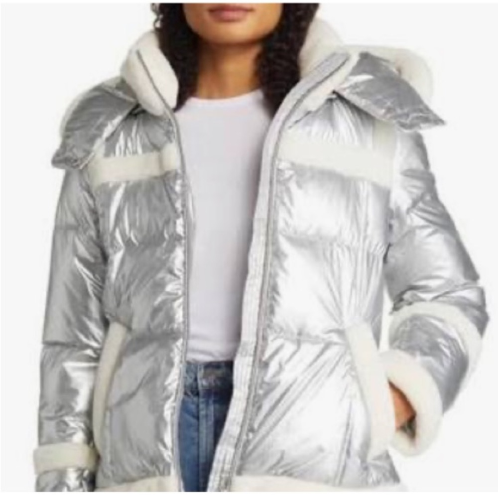 Sam Edelman METALLIC FLEECE TRIM HOODED PUFF COAT IN SILVER NWT - Picture 3 of 14